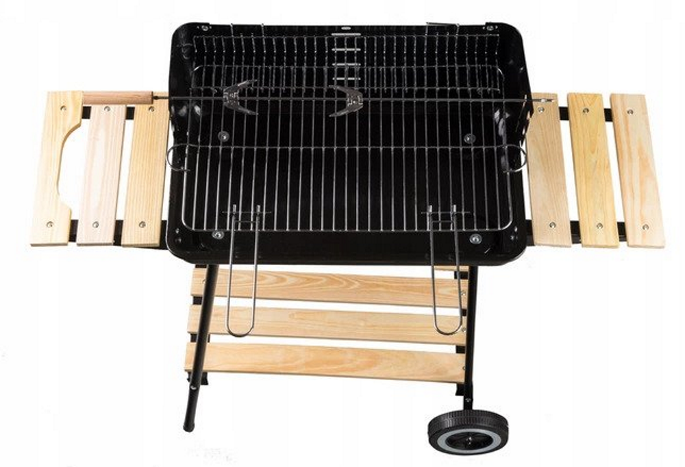 Gratar Profesional Modern Home idealSTORE cu Carbuni si Rotisor, Dimensiuni 86 x 37 x 84, Inaltime Reglabila pe 4 nivele, Structura Metalica Stabila, Echipat cu 3 Rafturi din lemn, Roti si Maner pentru Transport