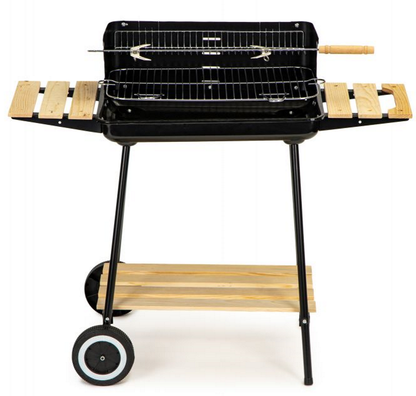 Gratar Profesional Modern Home idealSTORE cu Carbuni si Rotisor, Dimensiuni 86 x 37 x 84, Inaltime Reglabila pe 4 nivele, Structura Metalica Stabila, Echipat cu 3 Rafturi din lemn, Roti si Maner pentru Transport