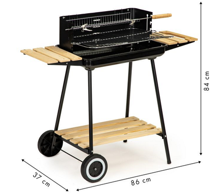 Gratar Profesional Modern Home idealSTORE cu Carbuni si Rotisor, Dimensiuni 86 x 37 x 84, Inaltime Reglabila pe 4 nivele, Structura Metalica Stabila, Echipat cu 3 Rafturi din lemn, Roti si Maner pentru Transport