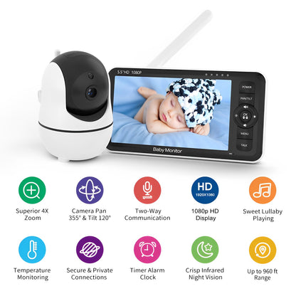 Baby Monitor StarBaby IdealStore, Ecran HD de 5.5 inch, Monitorizare temperatura, Rotire Verticala si Orizontala, Vedere de inalta calitate, Cantece de leagan, Raza mare de actiune pana la 300m, Zoom 4X, Comunicare intre cele 2 dispozitive
