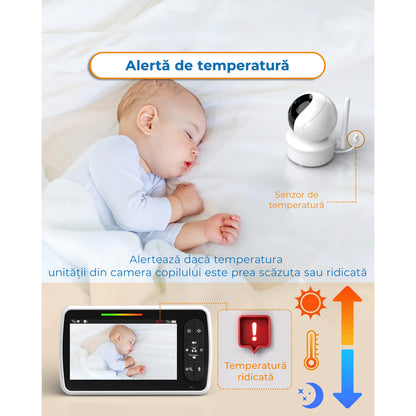 Sistem de Monitorizare Video si Audio Pentru Bebelusi Baby Angel idealStore, Ecran LCD Color 5 inch, Vedere Noctura cu Infrarosu, Monitor de Temperatura, Posibilitate de Interactiune cu Bebelusul, Cantece de Leagan, Wireless, Momento