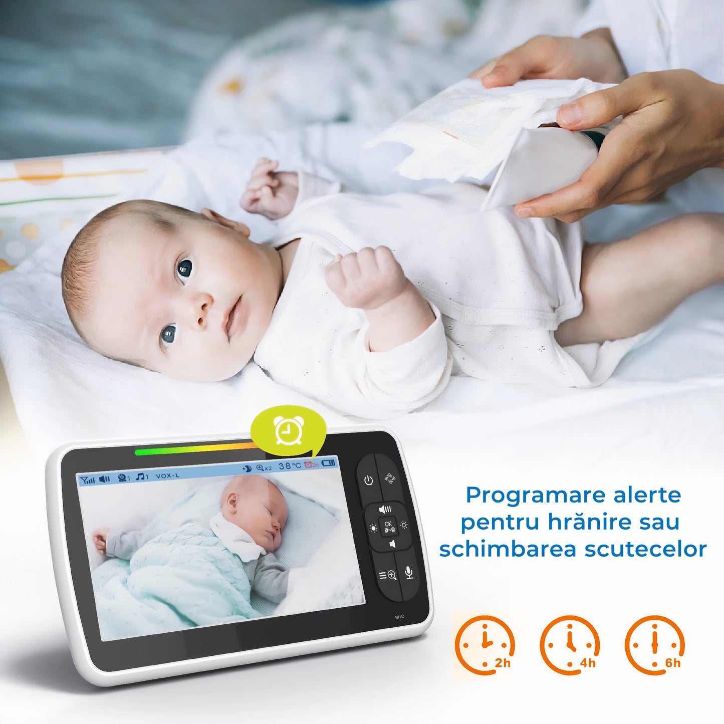 Sistem de Monitorizare Video si Audio Pentru Bebelusi Baby Angel idealStore, Ecran LCD Color 5 inch, Vedere Noctura cu Infrarosu, Monitor de Temperatura, Posibilitate de Interactiune cu Bebelusul, Cantece de Leagan, Wireless, Momento