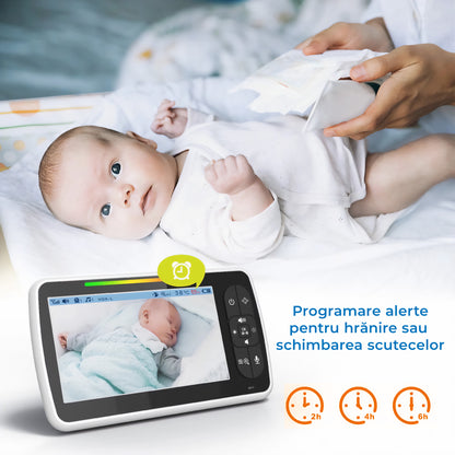 Sistem de Monitorizare Video si Audio Pentru Bebelusi Baby Angel idealStore, Ecran LCD Color 5 inch, Vedere Noctura cu Infrarosu, Monitor de Temperatura, Posibilitate de Interactiune cu Bebelusul, Cantece de Leagan, Wireless, Momento