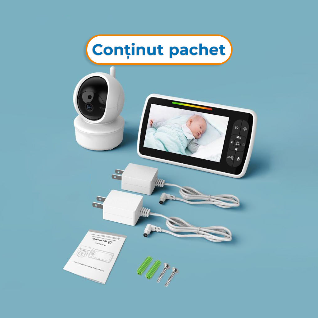 Sistem de Monitorizare Video si Audio Pentru Bebelusi Baby Angel idealStore, Ecran LCD Color 5 inch, Vedere Noctura cu Infrarosu, Monitor de Temperatura, Posibilitate de Interactiune cu Bebelusul, Cantece de Leagan, Wireless, Momento