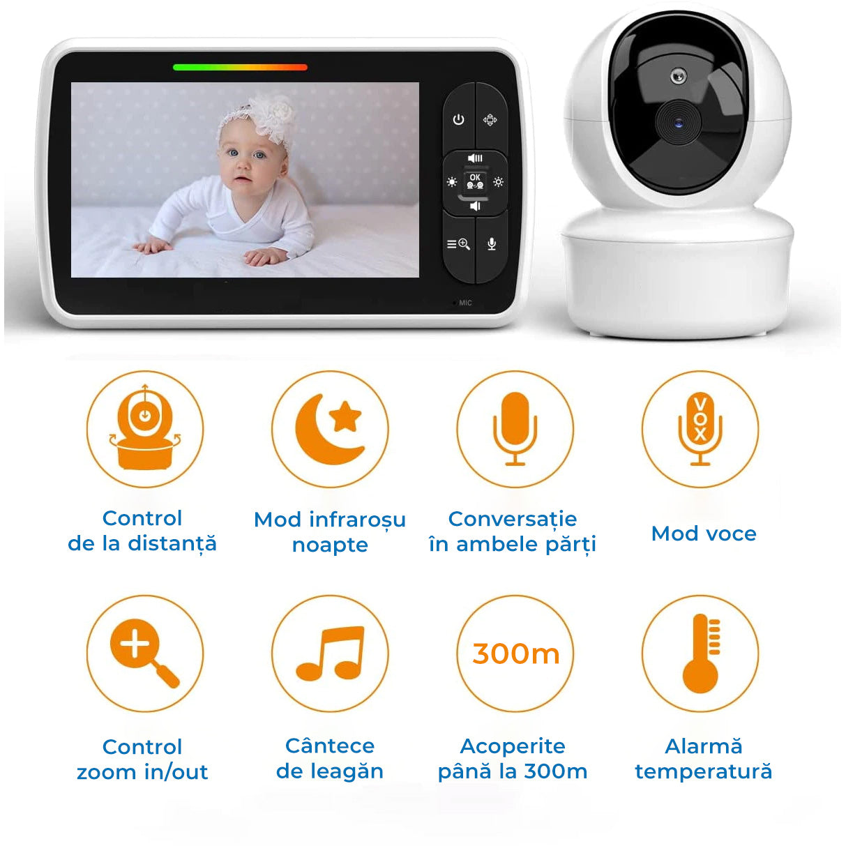 Sistem de Monitorizare Video si Audio Pentru Bebelusi Baby Angel idealStore, Ecran LCD Color 5 inch, Vedere Noctura cu Infrarosu, Monitor de Temperatura, Posibilitate de Interactiune cu Bebelusul, Cantece de Leagan, Wireless, Momento