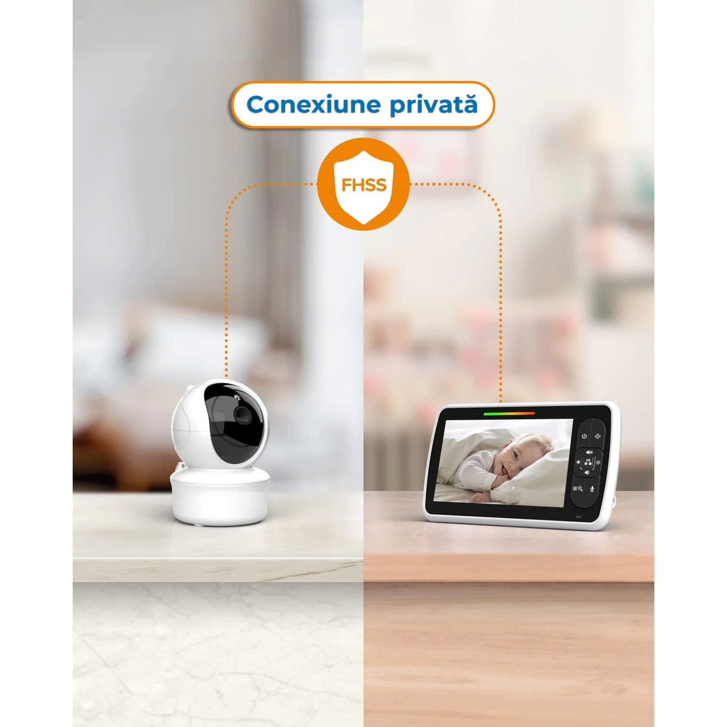 Sistem de Monitorizare Video si Audio Pentru Bebelusi Baby Angel idealStore, Ecran LCD Color 5 inch, Vedere Noctura cu Infrarosu, Monitor de Temperatura, Posibilitate de Interactiune cu Bebelusul, Cantece de Leagan, Wireless, Momento