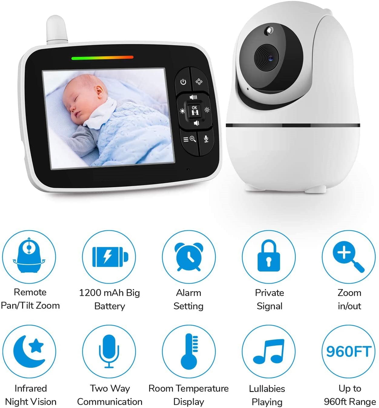 Sistem de Monitorizare Video si Audio Pentru Bebelusi Baby Cam idealStore, Ecran HD 3.5 inch, Vedere Nocturna, Monitor de Temperatura, Posibilitate de Interactiune cu Bebelusul, Cantece de Leagan, Raza Mare de Semnal