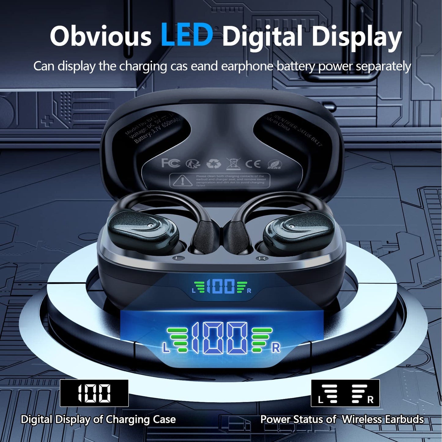 Casti Wireless Smart idealSTORE, Afisaj Digital Smart LED, Active Noise Cancelling, Auto Reconnect, Bluetooth 5.1, Autonomie 60 Ore, IPX6, Incarcare Rapida USB-C, Microfon Incorporat CVC, 3 Dimensiuni de Varfuri, Cutie cu Afisaj Dual LED, Dark Edition