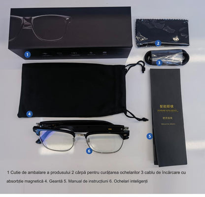 Ochelari inteligenti idealSTORE smartGlasses, conectare Bluetooth, Preluare Apel, Microfon, Ascultare Muzica, Difuzoare incorporate, Sunet Stereo, Sunet Notificari, Lentile Cu Protectie UV Negre, Rezistent la Apa