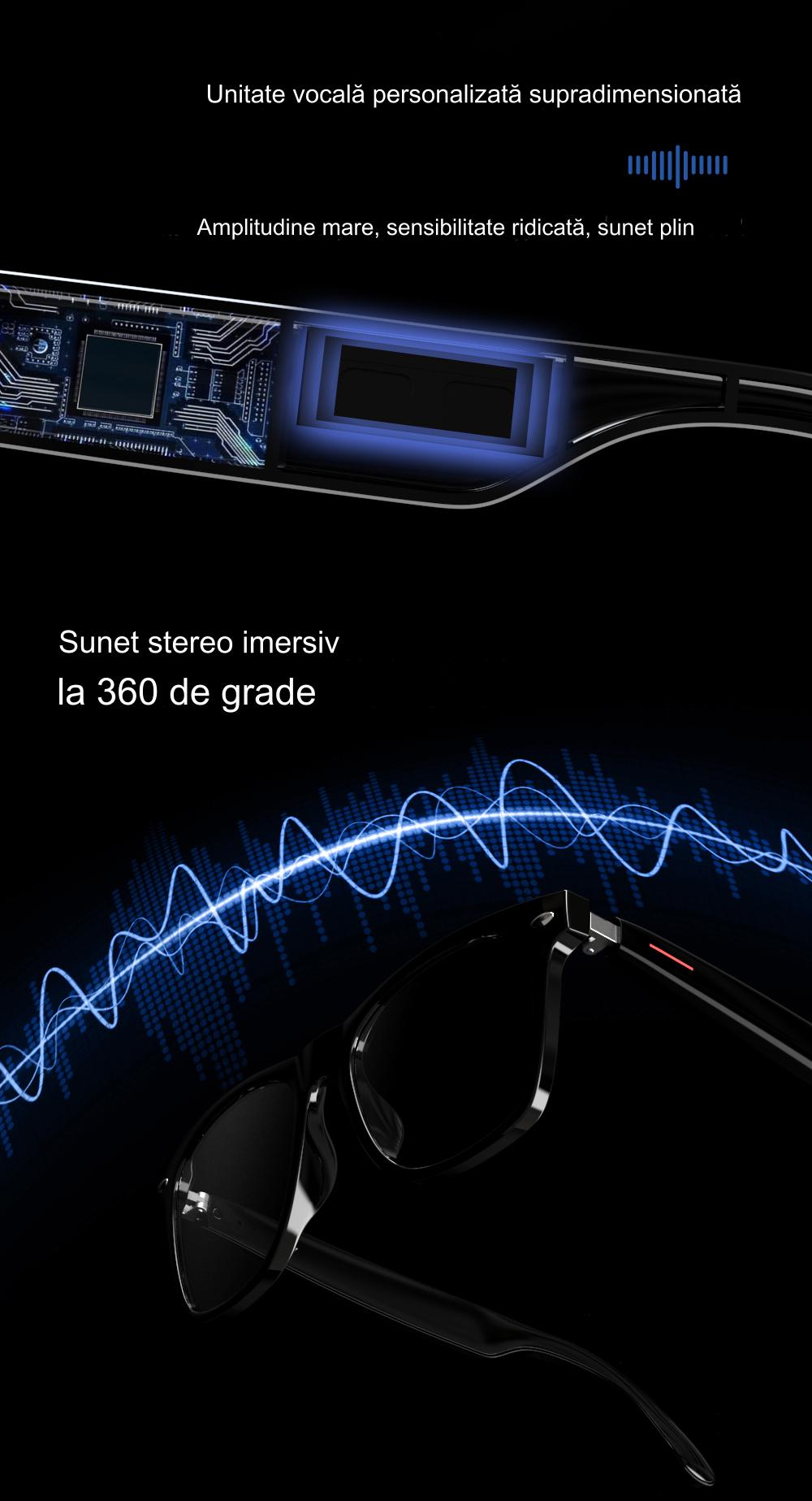 Ochelari inteligenti idealSTORE smartGlasses, conectare Bluetooth, Preluare Apel, Microfon, Ascultare Muzica, Difuzoare incorporate, Sunet Stereo, Sunet Notificari, Lentile Cu Protectie UV Negre, Rezistent la Apa