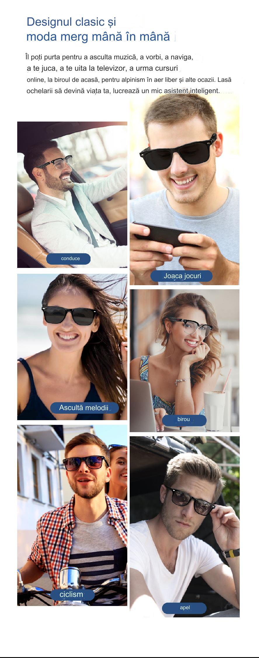 Ochelari inteligenti idealSTORE smartGlasses, conectare Bluetooth, Preluare Apel, Microfon, Ascultare Muzica, Difuzoare incorporate, Sunet Stereo, Sunet Notificari, Lentile Cu Protectie UV Negre, Rezistent la Apa