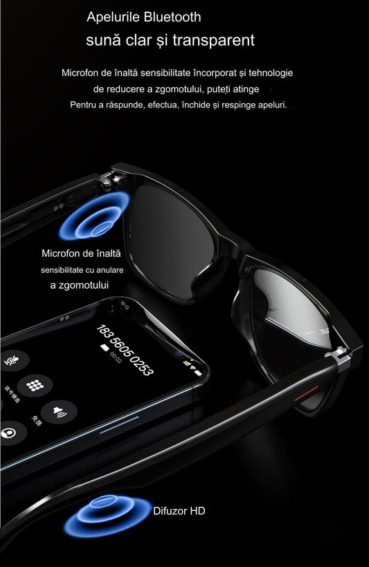 Ochelari inteligenti idealSTORE smartGlasses, conectare Bluetooth, Preluare Apel, Microfon, Ascultare Muzica, Difuzoare incorporate, Sunet Stereo, Sunet Notificari, Lentile Cu Protectie, Rezistent la Apa