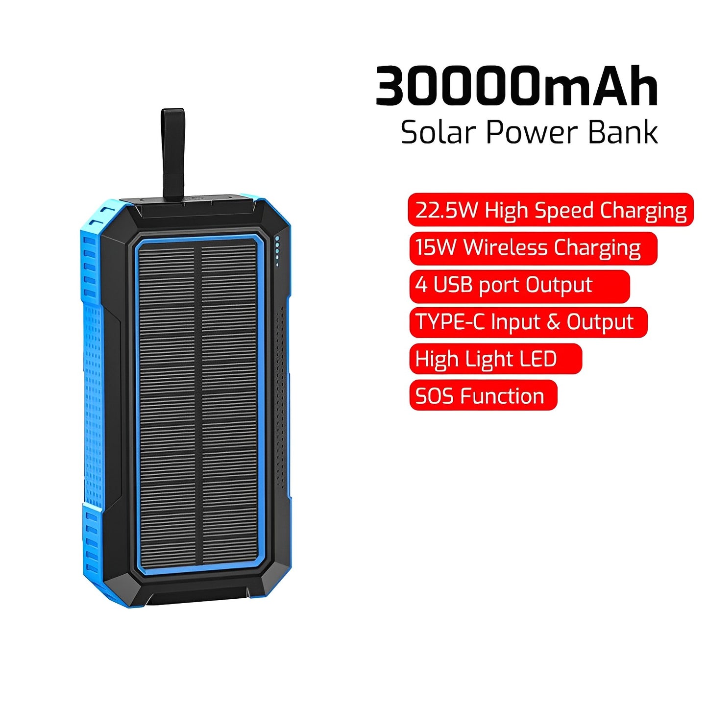 Baterie Externa SunnyCharge IdealStore Wireless, Incarcare Solara, Wireless, Rapida, Capacitate 30.000 mAh, Detine 4 iesiri, Busola, Lanterna, Tensiune iesire 5V-12V - 2.5A-4A, Black-Blue Edition