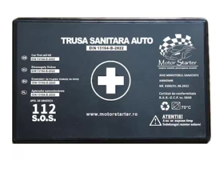 Kit siguranta auto IDL omologat R.A.R cu valabilitate 5 ani, 1x Stingator Tip Spray 1000ml, 1x Trusa Medicala Valabilitate 5 ani, 2x Triunghi Reflectorizant