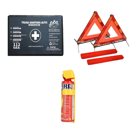 Kit siguranta auto IDL omologat R.A.R cu valabilitate 5 ani, 1x Stingator Tip Spray 1000ml, 1x Trusa Medicala Valabilitate 5 ani, 2x Triunghi Reflectorizant