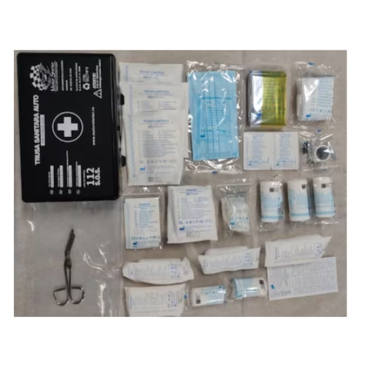 Kit siguranta auto IDL omologat R.A.R cu valabilitate 5 ani, 1x Stingator Tip Spray 1000ml, 1x Trusa Medicala Valabilitate 5 ani, 1x Vesta Reflectorizant