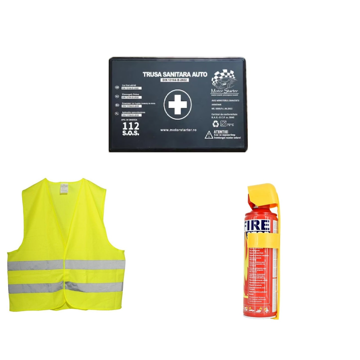 Kit siguranta auto IDL omologat R.A.R cu valabilitate 5 ani, 1x Stingator Tip Spray 1000ml, 1x Trusa Medicala Valabilitate 5 ani, 1x Vesta Reflectorizant