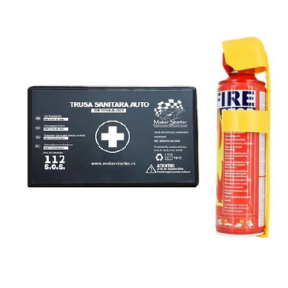 Kit siguranta auto IDL omologat R.A.R cu valabilitate 5 ani, 1x Stingator Tip Spray 1000ml, 1x Trusa Medicala Valabilitate 5 ani, 1x Vesta Reflectorizant