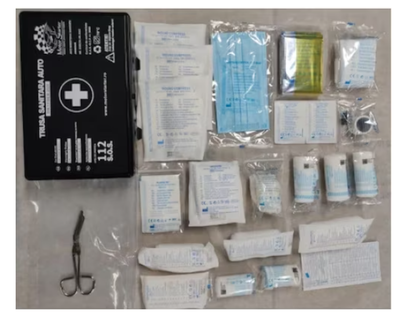 Kit siguranta auto IDL omologat R.A.R cu valabilitate 5 ani, 1x Stingator Tip Spray 1000ml, 1x Trusa Medicala Valabilitate 5 ani, 1x Vesta Reflectorizant