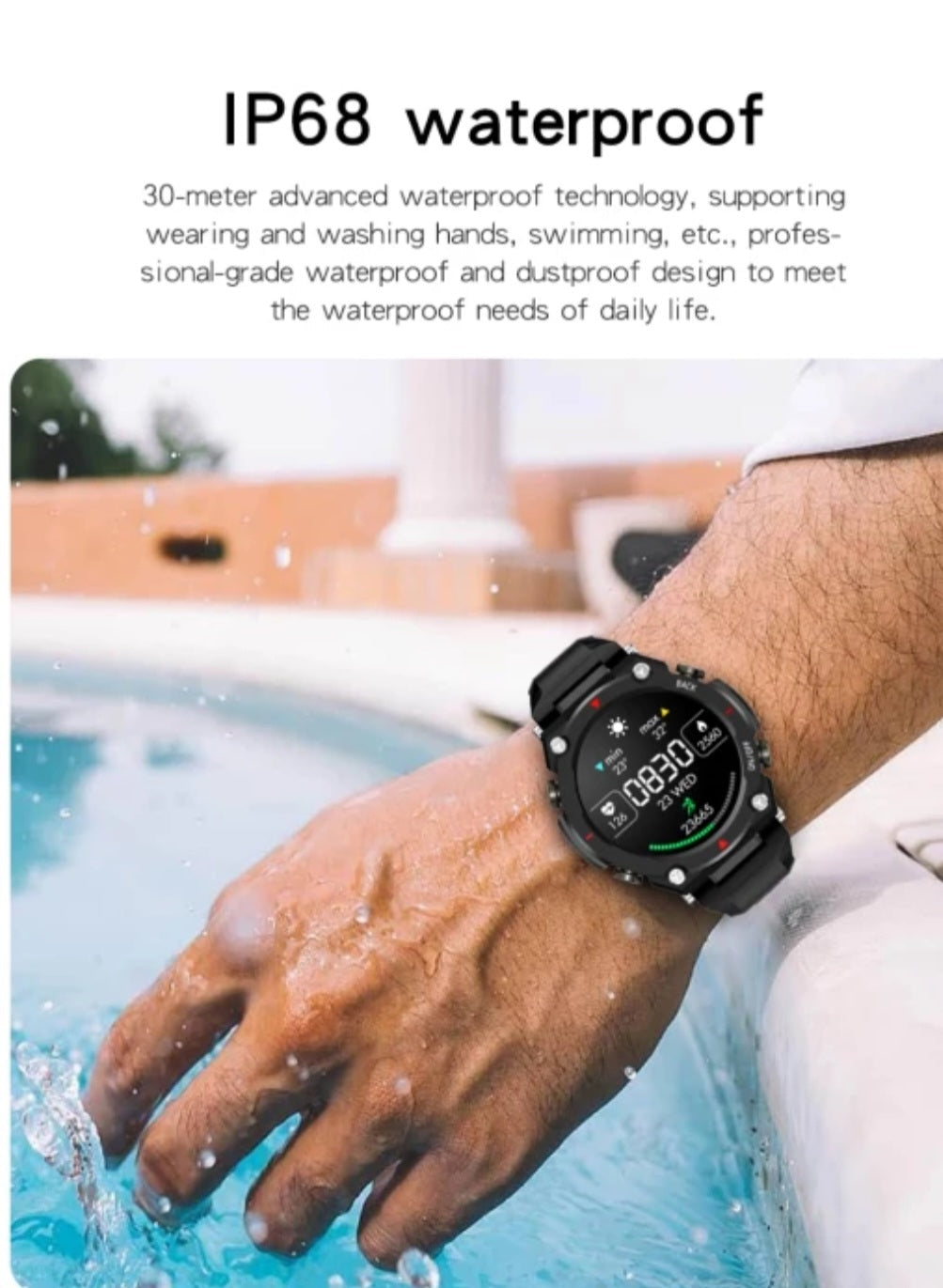 Smartwatch Star Black Idealstore, Ecran de 1,32 inch HD 360x360 Ecran tactil, rezistent la apa IP68 cu monitorizarea ritmului cardiac, functie de apel Bluetooth si microfon incorporat - Negru