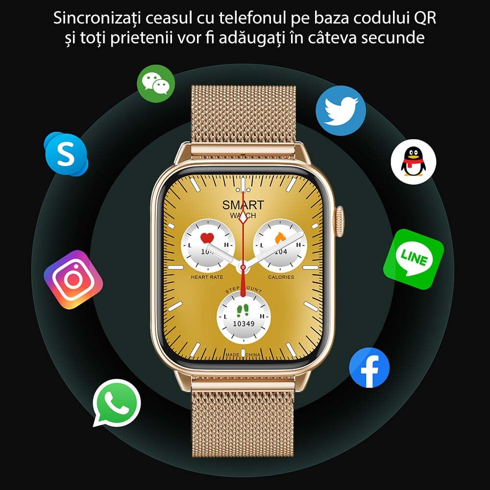 Ceas Smartwatch Star Collection IdealStore, Ecran Tactil 1.85 inch, NFC, Preluare Apeluri si Mesaje Bluetooth, Monitorizare Ritm Cardiac si Somn, Difuzor si Microfon incorporat, IP67, Alarma, Android-IOS, Gold Silicon