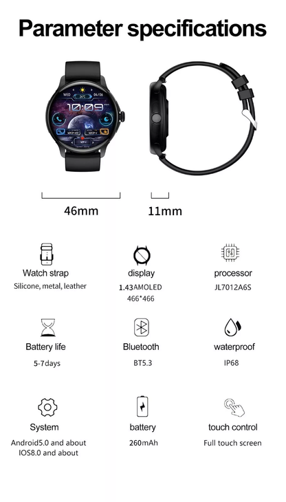 Ceas Smartwatch idealSTORE STMone, Apel Bluetooth, Asistent Vocal, Ecran AMOLED, 100+ Moduri Sport, Aplicatie Menstruala, Management Somn, Monitorizare Sanatate, Ritm Cardiac, Oxigen, NFC, Bratara Silicon Black