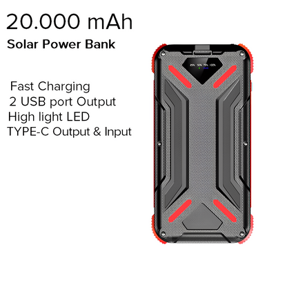 Baterie Externa SunnyCharge IdealStore, Incarcare Solara, Rapida, Capacitate 20.000 mAh, Display LED procentaj baterie, Detine 2 iesiri, Lanterna, Tensiune iesire 5V - 3A, Black-Red Edition