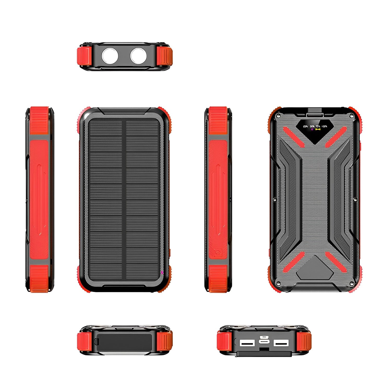 Baterie Externa SunnyCharge IdealStore, Incarcare Solara, Rapida, Capacitate 20.000 mAh, Display LED procentaj baterie, Detine 2 iesiri, Lanterna, Tensiune iesire 5V - 3A, Black-Red Edition