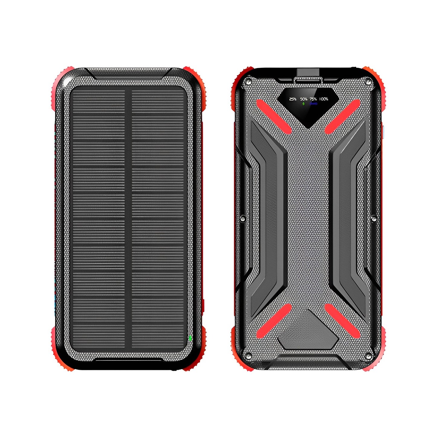 Baterie Externa SunnyCharge IdealStore, Incarcare Solara, Rapida, Capacitate 20.000 mAh, Display LED procentaj baterie, Detine 2 iesiri, Lanterna, Tensiune iesire 5V - 3A, Black-Red Edition