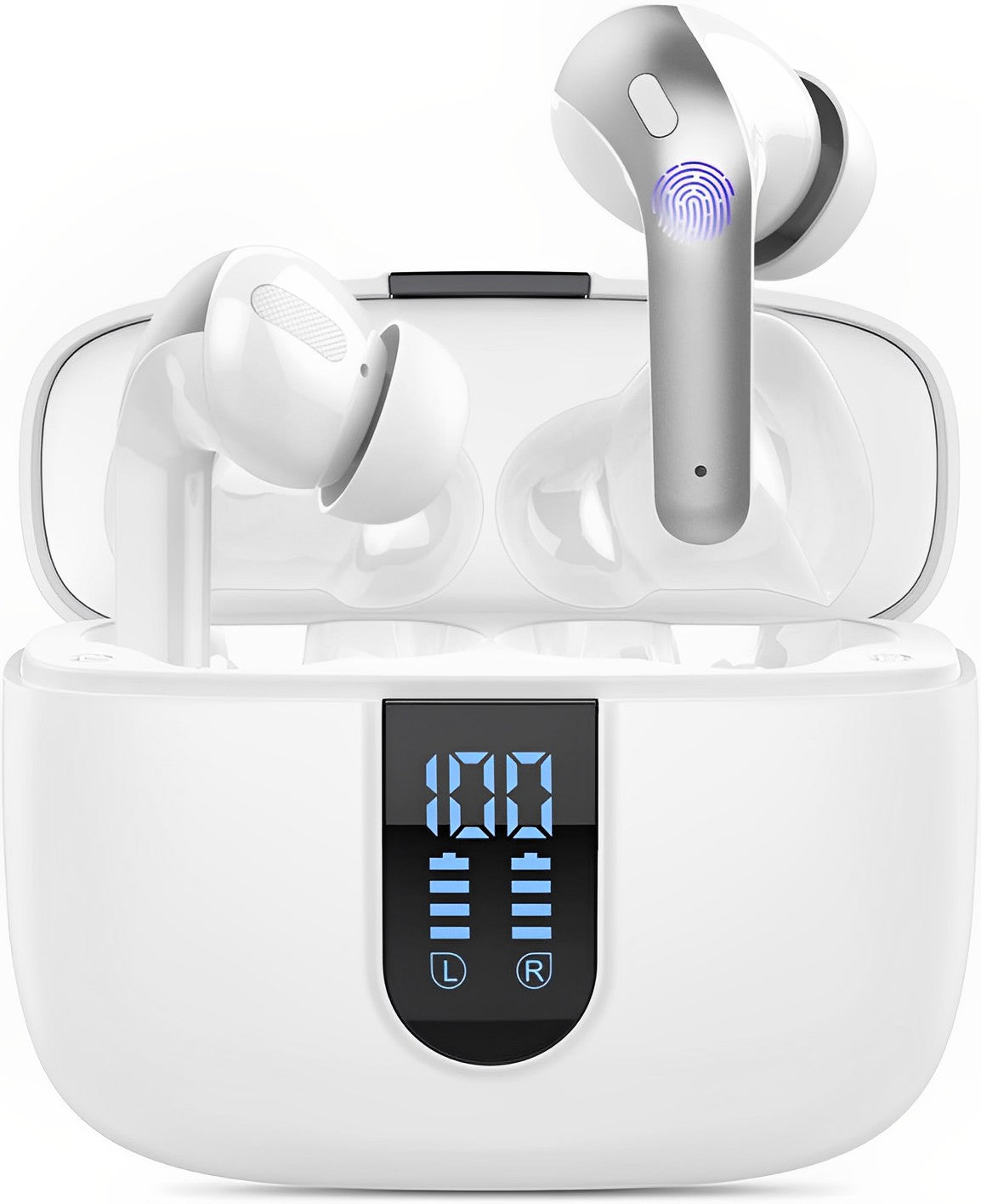 Casti Wireless SuperSound IdealStore Fara Fir, Bluetooth 5.2, Autonomie 60h, Control prin Atingere, Afisare digitala Dual LED, Asociere Automata, Microfon incorporat, Baterie 470 mAh, White Edition Headphone