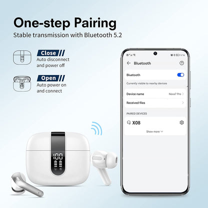 Casti Wireless SuperSound IdealStore Fara Fir, Bluetooth 5.2, Autonomie 60h, Control prin Atingere, Afisare digitala Dual LED, Asociere Automata, Microfon incorporat, Baterie 470 mAh, White Edition Headphone