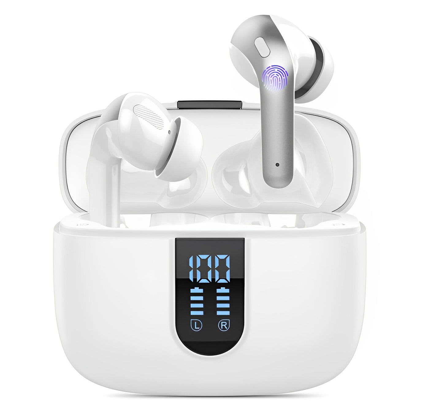 Casti Wireless SuperSound IdealStore Fara Fir, Bluetooth 5.2, Autonomie 60h, Control prin Atingere, Afisare digitala Dual LED, Asociere Automata, Microfon incorporat, Baterie 470 mAh, White Edition Headphone