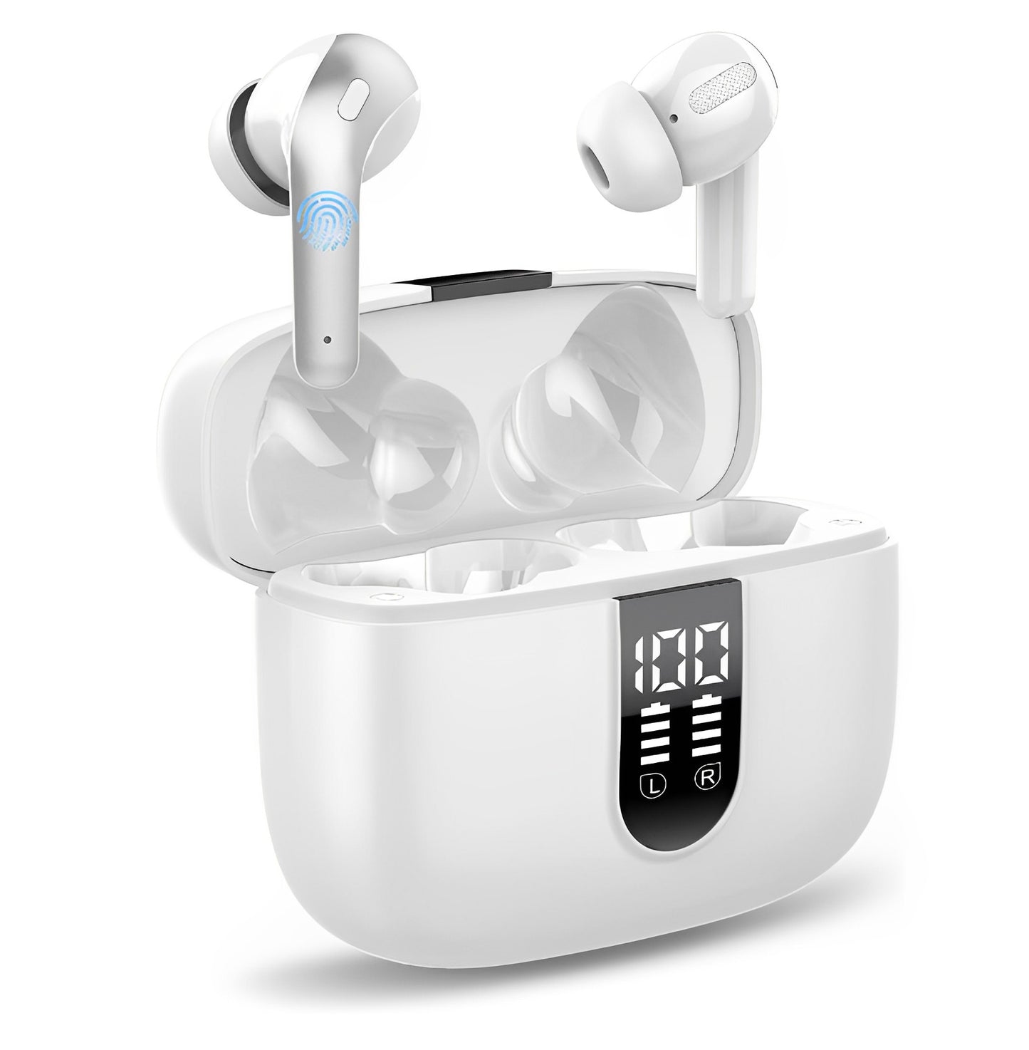 Casti Wireless SuperSound IdealStore Fara Fir, Bluetooth 5.2, Autonomie 60h, Control prin Atingere, Afisare digitala Dual LED, Asociere Automata, Microfon incorporat, Baterie 470 mAh, White Edition Headphone