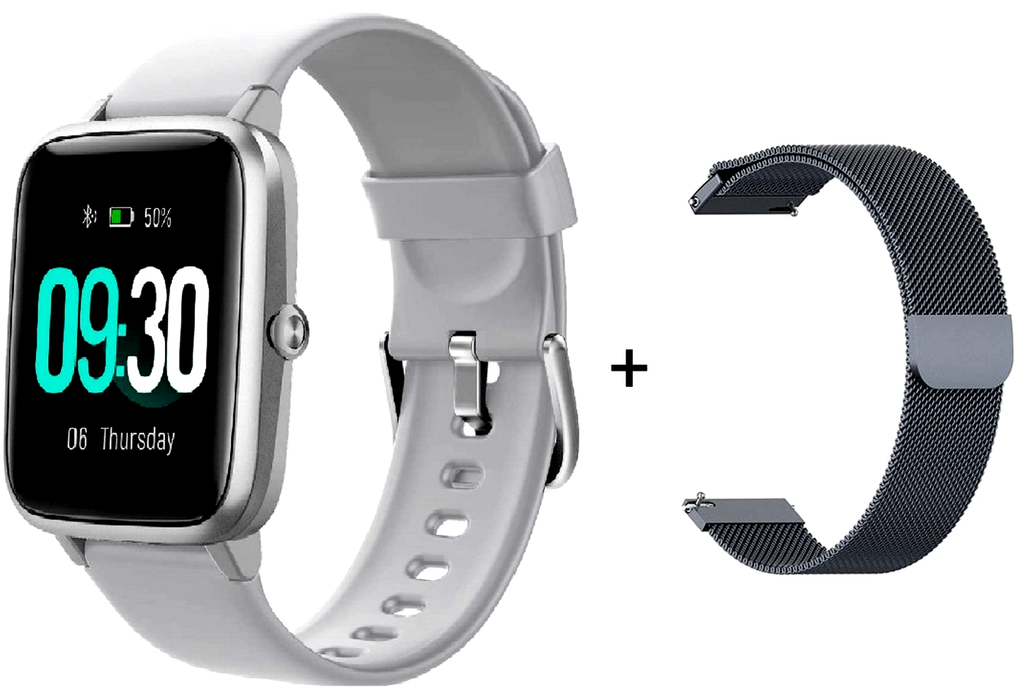 Ceas SmartWatch si Bratara Fitness IdealSTORE Tiger 70, Bratari de silicon si metal, Display de 1.45 inci, Design placut potrivit oricaror ocazii, Numeroase functii ce masoara pulsul si perioadele de sedentarism dar si timpul petrecut activ, Gri