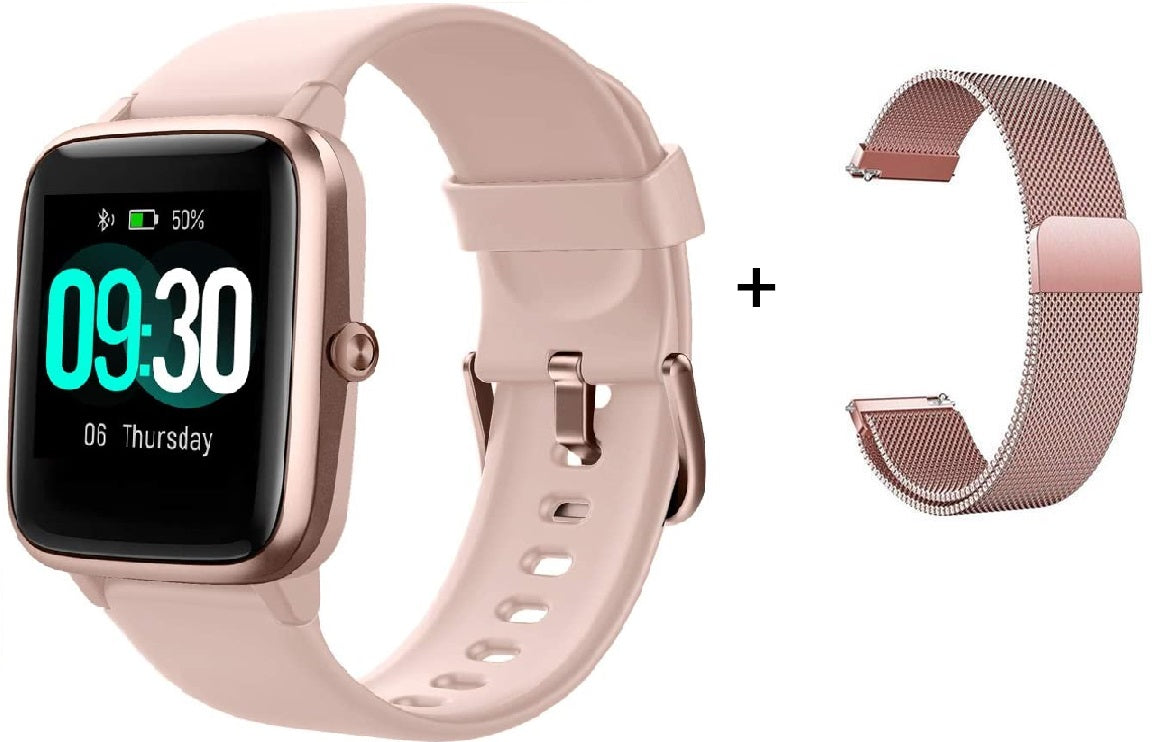 Ceas SmartWatch si Bratara Fitness IdealSTORE Tiger 70, Bratari de silicon si metal, Display de 1.45 inci, Design placut potrivit oricaror ocazii, Numeroase functii ce masoara pulsul si perioadele de sedentarism dar si timpul petrecut activ, Roz