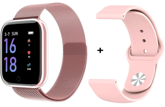 Ceas SmartWatch si Bratara Fitness IdealSTORE Tiger 70, Bratari de silicon si metal, Display de 1.45 inci, Design placut potrivit oricaror ocazii, Numeroase functii ce masoara pulsul si perioadele de sedentarism dar si timpul petrecut activ, Roz