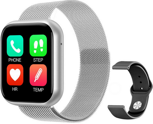 Ceas SmartWatch si Bratara Fitness CRISTAL Time80 Fashion Silver, Display IPS color TFT de 1.3 inch, Masurarea ritmului cardiac, Monitorizarea somnului, Muzica si Fotografii, Apeluri si memento-ul de mesaje, Design unic alaturi de bratara silicon