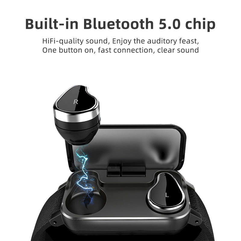 Bratara Fitness 2in1 Smart Time 89 cu Casti Bluetooth, Versiune Bluetooth 5.0, Monitorizare Ritm Cardiac, Tensiometru, Pedometru, Calorii, Distanta Parcursa, Monitorizare Somn, Sedentarism, Bratara Silicon Neagra, Culoare Negru