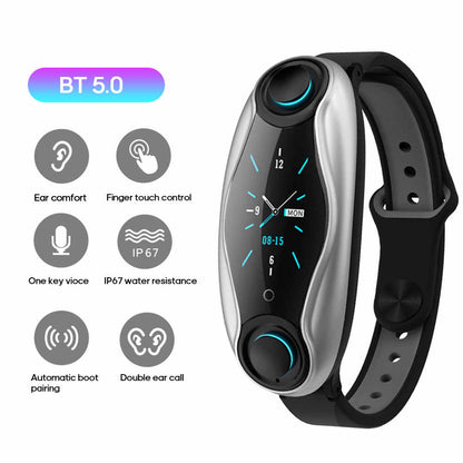 Bratara Fitness Inteligenta idealStore GoFitness, cu Casti Bluetooth, Pedometru, Monitorizare ritm cardiac, Tensiune Arteriala, Calorii, Pasi, Monitor de somn, Raspuns la apel, Incarcare Wireless, IP67, Negru Gri