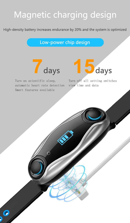 Bratara Fitness Inteligenta idealStore GoFitness, cu Casti Bluetooth, Pedometru, Monitorizare ritm cardiac, Tensiune Arteriala, Calorii, Pasi, Monitor de somn, Raspuns la apel, Incarcare Wireless, IP67, Negru Gri