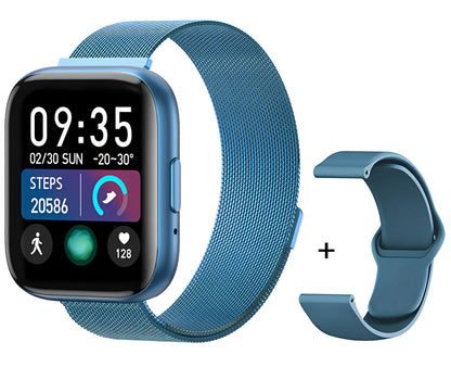 Ceas Smartwatch TimeS Collection IdealStore, Ecran Tactil 1.55 inch, Preluare Apeluri Bluetooth, Notificari Mesaje si Retele Sociale, Monitorizare Somn, Tensiune arteriala, Multi-Sport, Android-IOS, Blue Edition, Include 2 bratari