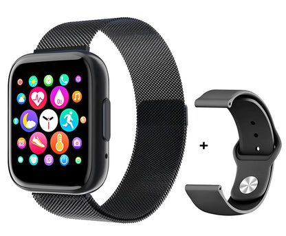 Ceas Smartwatch TimeS Collection IdealStore, Ecran Tactil 1.55 inch, Preluare Apeluri Bluetooth, Notificari Mesaje si Retele Sociale, Monitorizare Somn, Tensiune arteriala, Multi-Sport, Android-IOS, Black Edition, Include 2 bratari