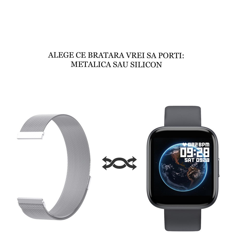 Ceas Smartwatch TimeS Collection IdealStore, Ecran Tactil 1.55 inch, Preluare Apeluri Bluetooth, Notificari Mesaje si Retele Sociale, Monitorizare Somn, Tensiune arteriala, Multi-Sport, Android-IOS, Silver Edition, Include 2 bratari