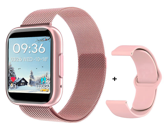 Ceas Smartwatch TimeS Collection IdealStore, Ecran Tactil 1.55 inch, Preluare Apeluri Bluetooth, Notificari Mesaje si Retele Sociale, Monitorizare Somn, Tensiune arteriala, Multi-Sport, Android-IOS, Pink Edition, Include 2 bratari