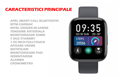 Ceas SmartWatch T99 NewGeneration idealStore, Silver, 2 Bratari, Display 1.55 inch HD, Cadran Personalizat, Waterproof, Bluetooth Call, Sedentary Reminder, Notificari whatsapp, facebook, Monitorizare Stare de Sanatate, Oximetru, Pedometru