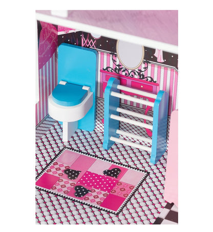 Casuta de papusi din lemn cu lift idealSTORE FLORIDA BEACH RESIDENCE, Dimensiuni 116 x 30 x 75 cm, Constructie cu 3 etaje, 4 camere si 10 piese de mobilier, O resedinta ce creeaza un basm unic