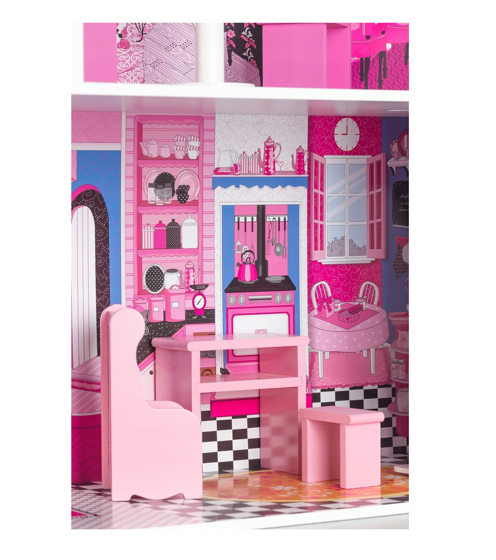 Casuta de papusi din lemn cu lift idealSTORE FLORIDA BEACH RESIDENCE, Dimensiuni 116 x 30 x 75 cm, Constructie cu 3 etaje, 4 camere si 10 piese de mobilier, O resedinta ce creeaza un basm unic