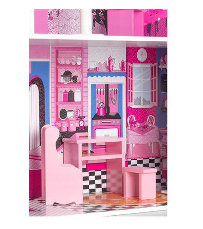 Casuta de papusi din lemn cu lift idealSTORE FLORIDA BEACH RESIDENCE, Dimensiuni 116 x 30 x 75 cm, Constructie cu 3 etaje, 4 camere si 10 piese de mobilier, O resedinta ce creeaza un basm unic