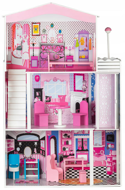 Casuta de papusi din lemn cu lift idealSTORE FLORIDA BEACH RESIDENCE, Dimensiuni 116 x 30 x 75 cm, Constructie cu 3 etaje, 4 camere si 10 piese de mobilier, O resedinta ce creeaza un basm unic