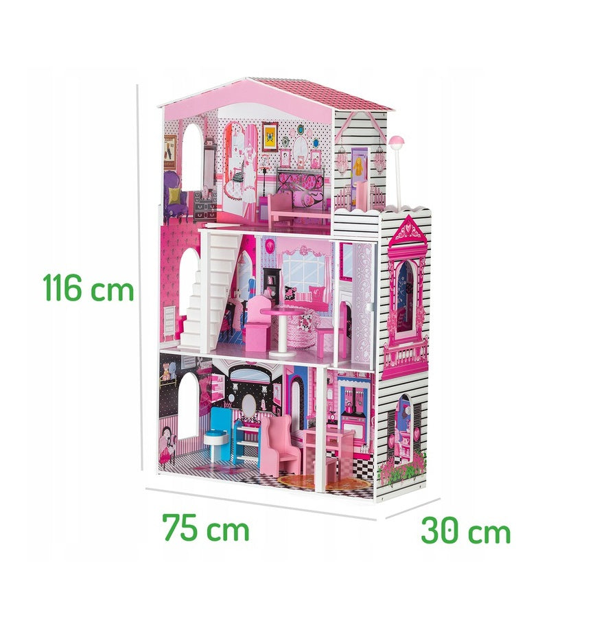 Casuta de papusi din lemn cu lift idealSTORE FLORIDA BEACH RESIDENCE, Dimensiuni 116 x 30 x 75 cm, Constructie cu 3 etaje, 4 camere si 10 piese de mobilier, O resedinta ce creeaza un basm unic